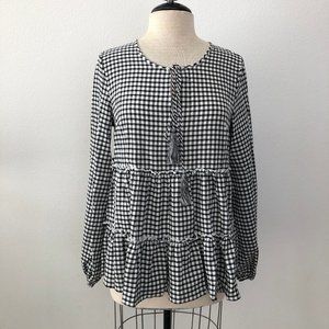 🆕 NWT Gingham Ruffle Tie Neck Long Sleeve Blouse